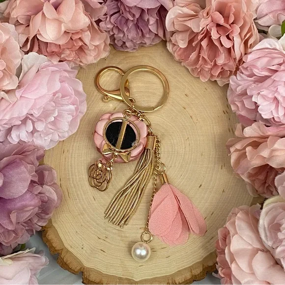 Pink Flower Gold Fringe Pearl Keychain Charm - Picture 10 of 13